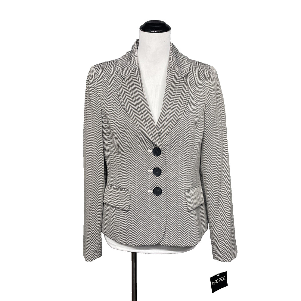 NWT Kasper Womens Blazer Size 8 Black White Herringbone 3 Button Career Jacket
